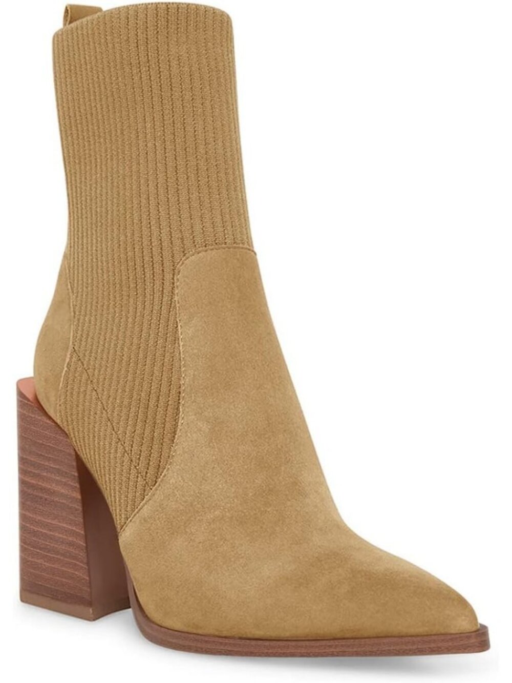 Women's Khaki Chunky Stacked Heel Ankle Sock Boots Pointed Toe Booties Slip On